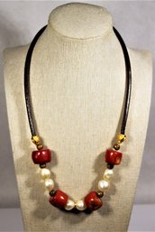 Fine Leather Genuine Large Baroque Pearls & Red Coral Beaded Necklace