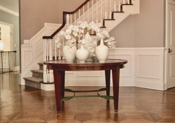 Round Mahogany  Center Table With Square Tapered Legs & Verdigris Looped Metal Stretcher Italian 1930-40 $6400