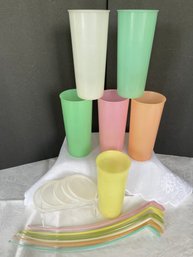 Set Of 6 Vintage Pastel Tupperware Tall Drinking Tumblers 5 Lids 6 Long Spoons