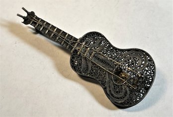 Antique Sterling Silver Filigree Guitar Brooch Pin