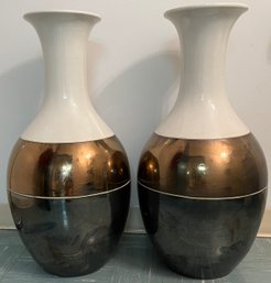 Pair Floor Vases - Kayla Grand - Interlude Home - 27.5 X 15 - White - Metallic Burnt Gold & Black Pearl Glaze