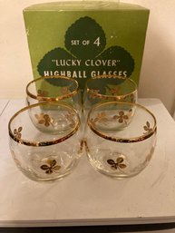 Set Of 4  MCM Lucky Clover Highball Glasses With Original Box
