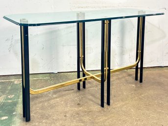 A Mid Century Glass And Metal Console In Style Of Milo Baughman