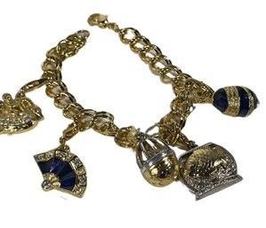 Gold Tone Fine Costume Charm Bracelet W Enamel Charms