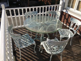 Fabulous Ornate Cast Metal Table With (5) Matching Chairs - Great Worn Paint Surface - Round Glass Top !