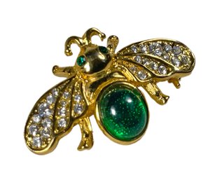 Gold Tone Bug Brooch W Green White Stones