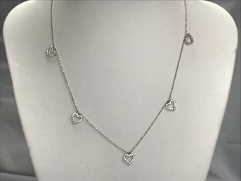 Vintage Sterling Silver / 925 Necklace With Small Hearts - With White Sapphires - Very Pretty Necklace