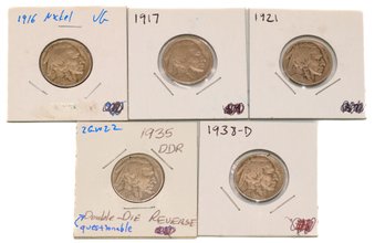 Lot W/ 5 Indian Head Buffalo Nickels 1916, 1917, 1921, 1935, 1938-d