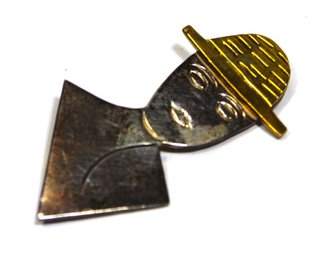 Heavy Mexican Sterling Silver Brooch Man In Hat