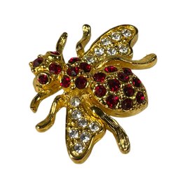 Fine Gold Tone Red And White Rhinestone Bug Brooch