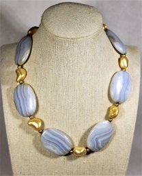 Great Light Blue Striped Agate And Cultured Pearl Beaded Necklace