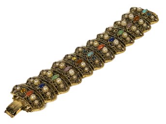 Fancy Gold Tone Link Bracelet W Faux Pearl And Colorful Stones