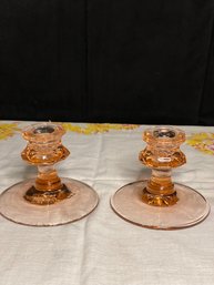 Pair Of Vintage Pink Depression Glass Candle Holders