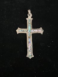 Vintage Mexican Silver & Abalone Shell Cross Pendant