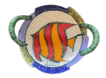 Hand-decorated Ceramic Artisan Fish Bowl Server With Handles