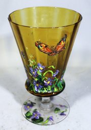 Vintage Amber Glass Vase Hand Painted Flowers Butterfly