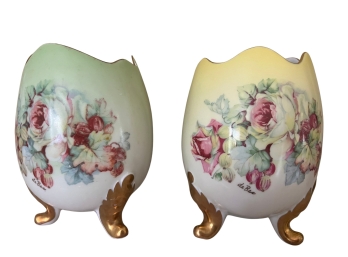 Pair Of Imperial Crown De Bec Vintage Victorian Floral Porcelain Egg Vases
