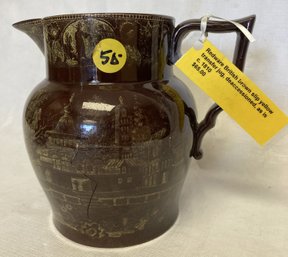 Antique Circa 1810 Brown Slip Yellow Transfer Red Ware Jug- Chinoserie Decoration