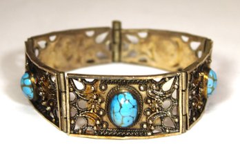 Very Fine Sterling Silver Middle Eastern Bracelet W Turquoise Stones