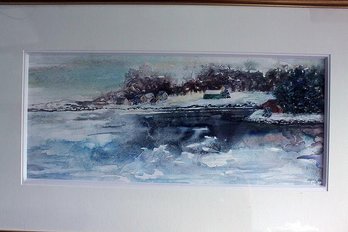 1990s Watercolor Framed Artwork Winter Beebee Cove Noank CT By A.C. Ives
