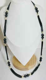 HEMETITE MULTI STRAND PEARL AND GOLD BALL ACCENT NECKLACE