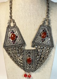 Israeli Sterling Silver Necklace Having Red Glass Stones (missing A Couple Jump Rings)