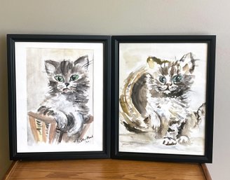 Cute Kitty Watercolors- Signed, Dated And Framed