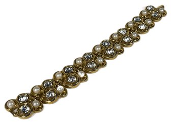 Gold Tone Rhiestone Faux Pearl Bracelet By TRIFARI