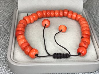 Beautiful Natural Orange Coral Bead Adjustable Bracelet With Black Nylon Cord - Fully Adjustable - Nice !