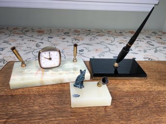 Very Nice Lot Of Three (3) Vintage Pen Holders - Two (2) Onyx - One (1) Black Marble - One Has Desk Clock