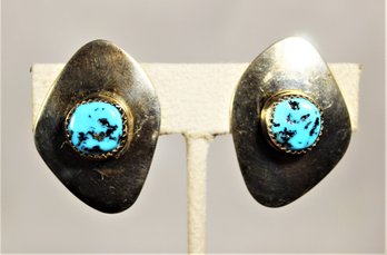 Large Sterling Silver And Genuine Turquoise Earrings Ear Clips