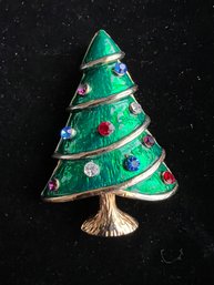 Multi-Colored Rhinestone Green Enamel Christmas Tree Brooch