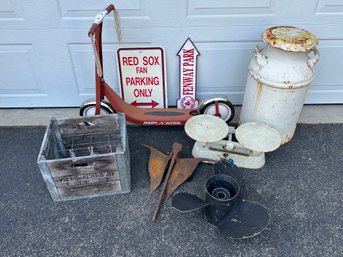 Misc Lot Including Milk Can, Milk Crate, And More