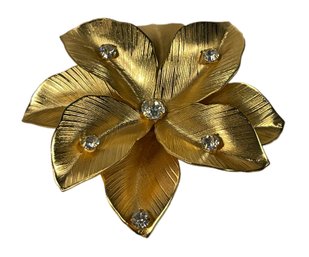 Signed Gold Tone Rhinestone Flower Brooch Signed Jeanne