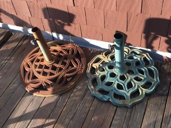 Two Large And Heavy ALL CAST IRON Umbrella Stands - Mounting Screw / Knob On Both Are In Working Order