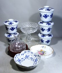 Lot Of Porcelain And Glass Japanese Lidded Tea Cups, Cut Glass Compote Etc.