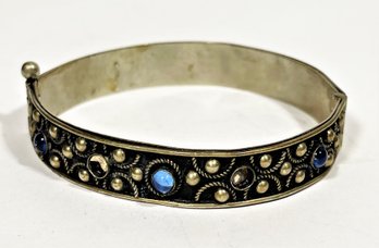 Ethnographic Silver Hinged Bangle Bracelet With Blue Glass Stones (one Missing)