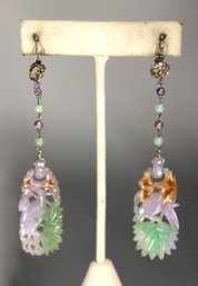 ANTIQUE CHINESE STERLING SILVER LAVENDER APPLE JADE CARVED ART DECO EARRINGS