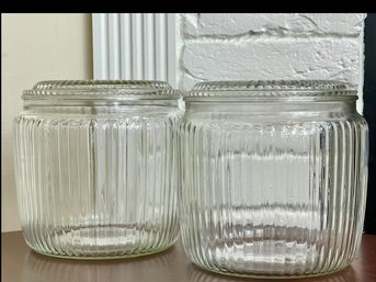 Pair Of 1940s Anchor Hocking Ribbed Glass Jars With Lids