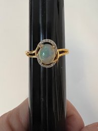 VINTAGE SIGNED D'JOY GOLD OVER STERLING SILVER OPAL AND WHITE STONES RING