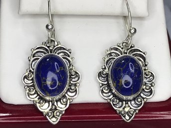 Gorgeous Brand New 925 / Sterling Silver Earrings With Highly Polished Lapis Lazuli - Very Nice Earrings