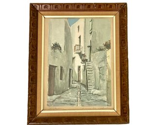 Greek Street Scene With Whitewashed Buildings, Carved Wooden Frame