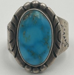 Very Fine Artist Signed NAVAJO OLD PAWN STERLING SILVER AND TURQUOISE RING