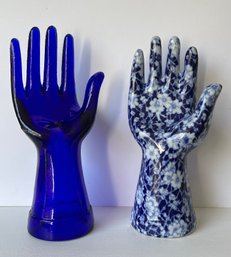 Lot Of 2 Vintage Hand Ring Holders 1 Cobalt Glass, 1 Ceramic Delft Blue Floral 8' Tall
