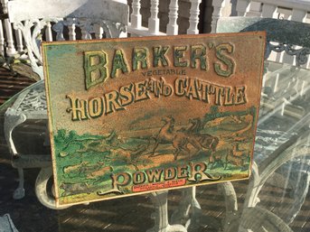 Vintage Tin Advertising Sign BARKER'S Horse & Cattle Powder - 14' X 11' - Lots Of Rust - But Has GREAT LOOK !