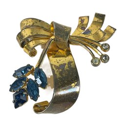 Retro Gold Over Sterling Silver Brooch W Blue Stones