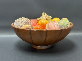 A Fabulous Vintage Wooden Bowl Full Of Natural & Faux Gourds