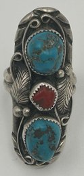 Large Stunning Old Pawn Navajo Sterling Silver Ring With Turquoise And Red Coral