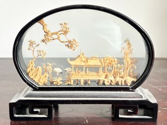 A Vintage Chinese Wood Shaving Miniature, Under Glass