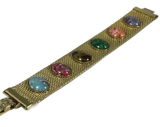 Gold Tone Mesh Bracelet W Cabochon Stones